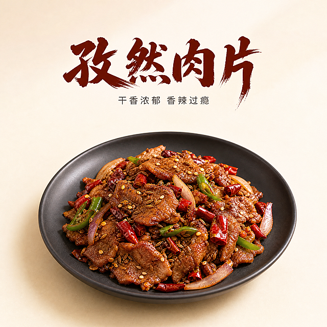 [主图-2] 孜然肉片菜品主图，突出食欲感与香辣风味，画面大量留白。
[统一基调] 整体风格为简约高级美食摄影风，背景大面积留白，暖色调为主，干净通透，突出食物本身的质感与色泽。标题字体为粗笔刷书法字，字形厚重有飞白，字色为深棕红色；辅助文案为细黑体，字色为暖灰色。画面四周留白充足，主体集中在中心区域，不拥挤。
[画面] 画面中心偏下位置摆放一盘孜然肉片，肉片色泽棕红油亮，表面撒满孜然粒和红辣椒段，伴有少量洋葱片和青椒片点缀，干香诱人。盘子选用简约黑色哑光圆盘或深色石盘，与浅色背景形成对比。背景为大面积浅米白色渐变留白，左上角和右下角留有充足空白空间，不堆砌多余元素。画面视角为45度俯拍，食物主体占画面约40%-50%，留出大量负空间。
[光影质感] 自然暖光从右上方照射，在肉片表面形成干香的油润光泽，孜然颗粒清晰可见，阴影柔和有层次，整体呈现干香诱人的美食摄影质感。盘子底部有轻微接触阴影。
[配色] 主背景为浅米白/奶白色留白，食物主体为棕红、深褐、辣椒红，点缀绿色青椒与白色芝麻。标题字色深棕红，辅助文字暖灰色。整体色调温暖有食欲。
[文字版式] 主标题"孜然肉片"四个大字位于画面上方居中位置，粗笔刷书法字体，字号大但不压主体，下方配一行小字辅助文案"干香浓郁 香辣过瘾"，细黑体，字号约为主标题的三分之一。文字全部放在上方留白区域，不遮挡食物主体。
[输出要求] 1:1正方形比例，2K高清，食物清晰有质感，文字清晰可读，留白充足，画面干净简约。禁止变形、错字、模糊、杂乱背景、水印、平台Logo。禁止多余装饰元素堆砌。