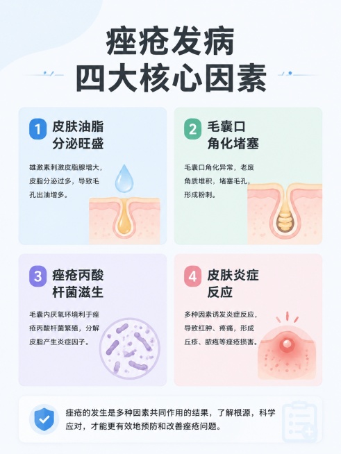 1、痤疮的发病主要由四大核心因素导致：皮肤油脂分泌旺盛、毛囊口角化堵塞、痤疮丙酸杆菌滋生、皮肤炎症反应。预览效果