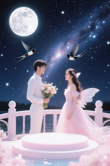 银河星系浪漫背景、圆月、星星点缀，帅哥抱着花与仙女妆美女面对面站在桥上，头顶有两只鹊盘旋。最前面有一个梦幻甜蜜粉白的展台。预览效果