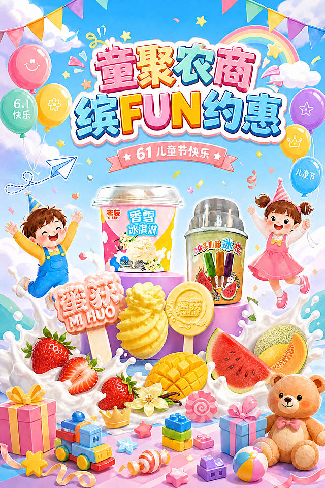调整添加的水果为：草莓、芒果、菠萝、香草、西瓜、哈密瓜，保持其他元素和布局不变，保留所有产品包装和活动信息，整体风格活泼清爽