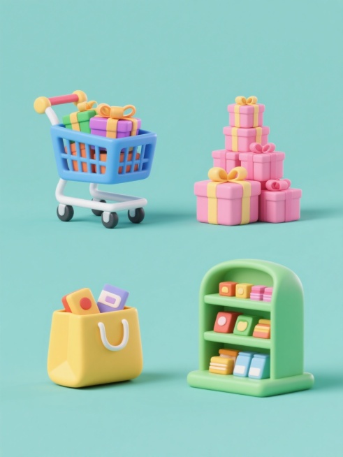 一套4个不同造型的3D卡通风格商城元素系列素材集合，每个元素均以纯色背景呈现，保持整体视觉统一性。第一个为蓝色购物车装满彩色礼物盒，第二个是粉色礼盒堆叠成小山状，第三个是黄色购物袋内露出商品一角，第四个是绿色货架上摆放各式商品。所有元素均采用圆润可爱的造型设计，色彩明亮柔和，具有相同的光影处理和材质质感，整体规整排布形成系列感。预览效果