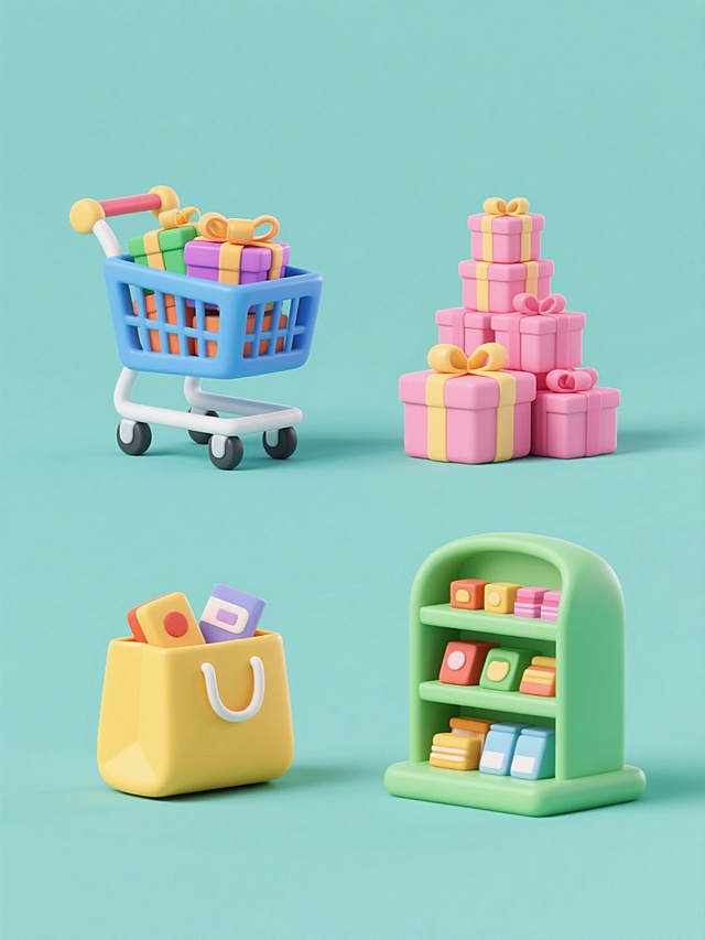 一套4个不同造型的3D卡通风格商城元素系列素材集合，每个元素均以纯色背景呈现，保持整体视觉统一性。第一个为蓝色购物车装满彩色礼物盒，第二个是粉色礼盒堆叠成小山状，第三个是黄色购物袋内露出商品一角，第四个是绿色货架上摆放各式商品。所有元素均采用圆润可爱的造型设计，色彩明亮柔和，具有相同的光影处理和材质质感，整体规整排布形成系列感。