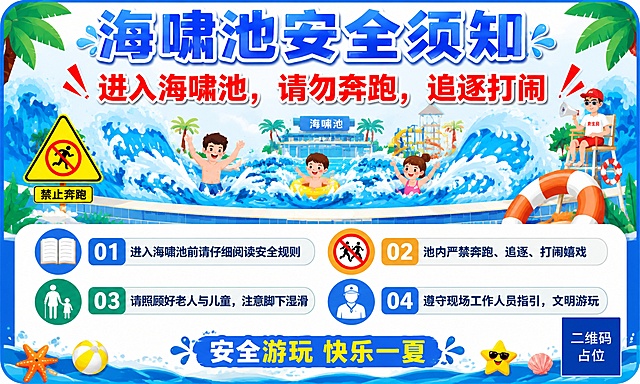 水上乐园海啸池安全须知通知公告海报，扁平插画风格，清爽活泼，醒目了然。画面顶部居中大标题"海啸池安全须知"，字体粗体醒目，蓝色渐变字配白色描边。副标题区域写"进入海啸池，请勿奔跑，追逐打闹"，红色加粗警示文字，非常醒目。画面中部为海啸池场景插画：蓝色波浪水花、泳池边缘、救生圈、警示牌图标，水花飞溅动感十足。画面下方为编号列表形式的注意事项，共4条："01 进入海啸池前请仔细阅读安全规则"、"02 池内严禁奔跑、追逐、打闹嬉戏"、"03 请照顾好老人与儿童，注意脚下湿滑"、"04 遵守现场工作人员指引，文明游玩"，每条配简洁图标。底部标注"安全游玩 快乐一夏"温馨提示。整体配色以蓝色为主色调，搭配橙色、黄色点缀，色彩明亮活泼，符合水上乐园夏日氛围。版式精美，信息分区清晰，层级分明，文字清晰可读，四周留有安全边距。画面中所有二维码区域使用纯色方块占位符呈现，方块中央标注"二维码占位"文字，严禁生成任何可识别的二维码图案。画面中所有信息区域必须填充完整合理的内容，不得出现空白框、空白占位、横线待填写区域、空列表项、空单元格，确保是完整可用的成品海报而非待填写模板。