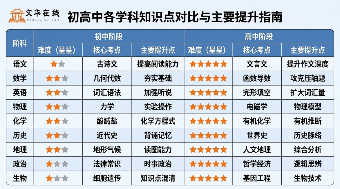 参考已有图片，重新生成知识点对比图，调整为横向对比结构：每个学科分别对比初中和高中内容，将原家长焦虑点栏目替换为主要提升点，保留顶部文华在线logo，配色简约专业适合教育宣传，横向排版预览效果