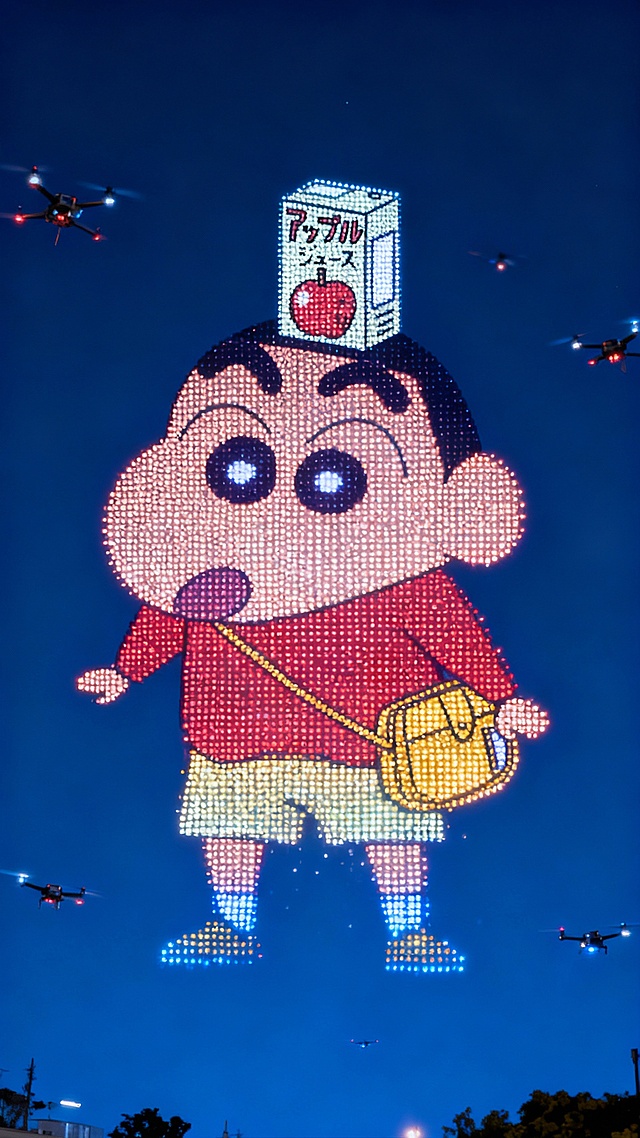 无人机灯光秀，中心区域浮现由无数渐变光点组成的图示人物，形象还原，光点简洁，深夜蓝色天空背景。周围有无人机点缀。