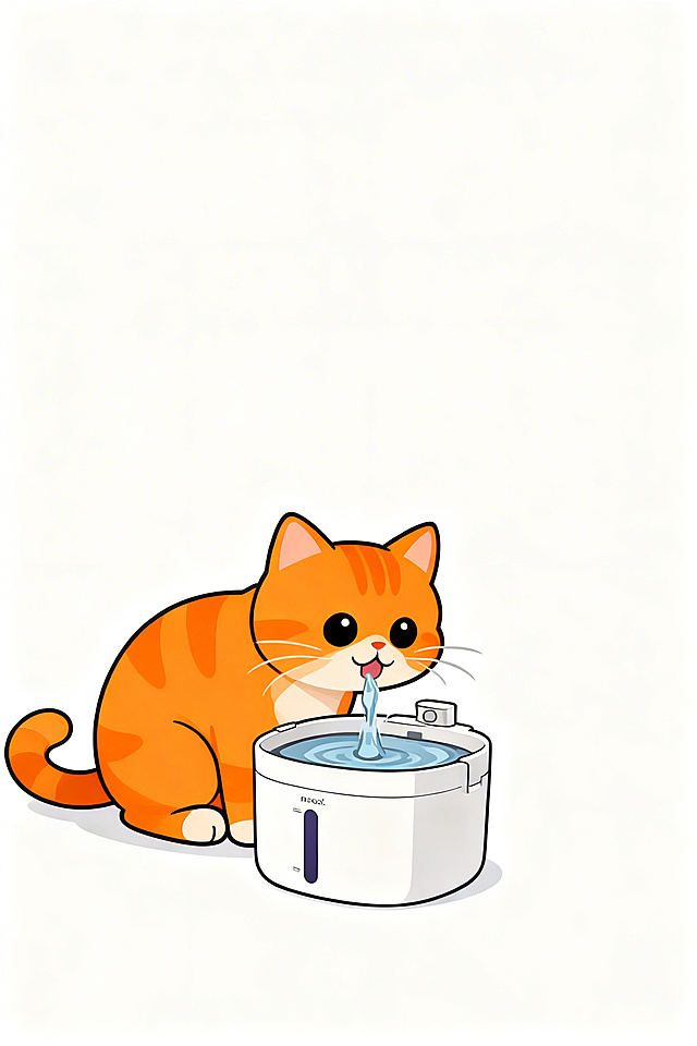 只保留图片里的橘色小猫咪和白色宠物饮水机，将猫咪和饮水机卡通化，整体画面整体偏橙色风格，调整画面内容为小猫咪蹲在饮水机前喝水，周围空余区域全部填充为纯白色背景，方便后期抠图