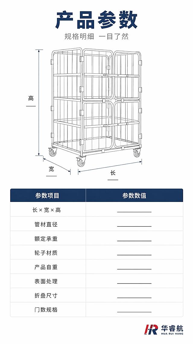 [第7屏] 产品参数与尺寸表 — 四小门物流台车极简参数表格。本屏使用【图3】作为产品侧视轮廓参考，表格留空供后续填写数据。
[氛围/风格] 极简工业风，专业严谨，信息清晰，白底参数表风格。
[元素布局] 上半部分为产品侧视轮廓示意图（带尺寸引线标注长宽高位置，具体数值留空用横线代替）；下半部分为极简参数表格，约占画面50%。左侧产品轮廓图，右侧或下方表格，布局工整。
[光影质感] 平面化设计，清晰锐利，无多余光影，信息优先。
[配色色系] 全局底色 #FFFFFF（纯白）；主色深空蓝 #1E3A5F 表头；辅助色浅灰表格线 + 红色点缀；文字深灰/黑色。
[视角构图] 上产品下表格，或左产品右表格，阅读动线清晰，对齐工整。
[文字版式] 顶部主标题「产品参数」，深空蓝大号黑体；副标题「规格明细 一目了然」，灰色中号。参数表格为极简风格，2列多行，左列参数名称，右列留空（用____横线表示待填写）。参数项包括：长×宽×高、管材直径、额定承重、轮子材质、产品自重、表面处理、折叠尺寸、门数规格。表格线条细浅灰，表头深空蓝底白字。产品轮廓图上有尺寸引线标注「长」「宽「高」字样，数值位置留空。右下角华睿航小logo。
[比例分辨率] 9:16 竖版比例，4K分辨率，文字清晰可辨。
[负向提示词] 表格错乱，文字模糊，水印，产品变形，颜色偏差，排版杂乱。