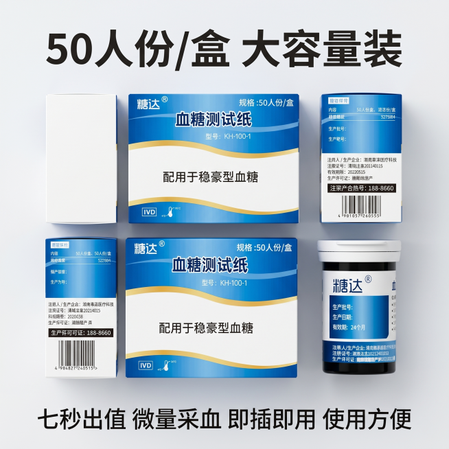 [主图-5] 稳豪血糖试纸规格包装展示
[氛围风格] 完整展示产品规格信息，专业可信
[画质] 商业摄影质感、光线柔和通透、产品清晰真实、画面干净高级
[元素] 糖达稳豪血糖试纸包装盒和试纸桶完整平铺预览效果