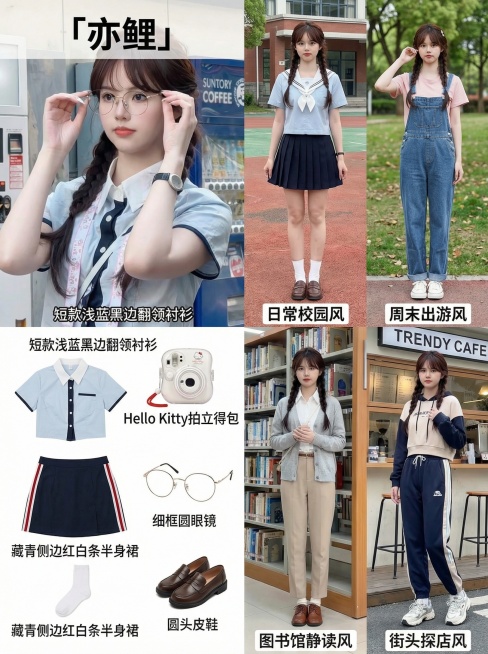 清新校园甜妹风女生「亦鲤」，左侧横向排列拆分原穿搭单品，标注「短款浅蓝黑边翻领衬衫」「藏青侧边红白条半身裙」「Hello Kitty拍立得包」「细框圆眼镜」「白色短袜」「圆头皮鞋」；右侧展示4套场景服预览效果