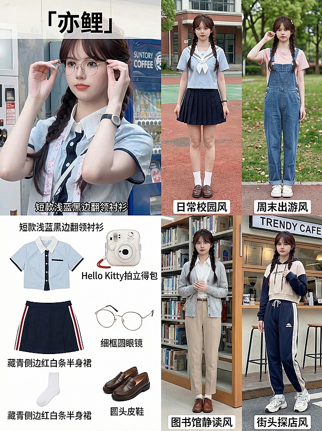 清新校园甜妹风女生「亦鲤」，左侧横向排列拆分原穿搭单品，标注「短款浅蓝黑边翻领衬衫」「藏青侧边红白条半身裙」「Hello Kitty拍立得包」「细框圆眼镜」「白色短袜」「圆头皮鞋」；右侧展示4套场景服装，均完整展示脚和腿：1. 日常校园风：浅蓝水手服+百褶裙+白袜乐福鞋 2. 周末出游风：浅粉短T恤+牛仔背带裙+小白鞋 3. 图书馆静读风：浅灰针织开衫+白衬衫+烟管裤+小皮鞋 4. 街头探店风：短款卫衣+运动束脚裤+老爹鞋，左右分栏，每套场景服装旁标注对应风格名称
