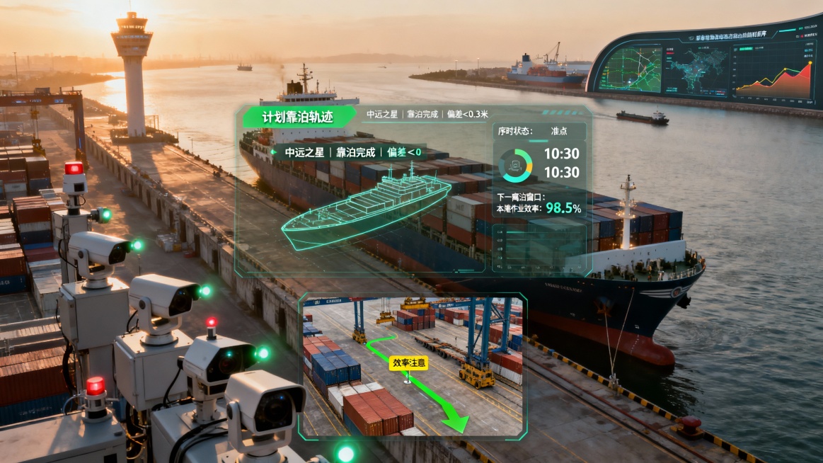 俯瞰视角下的现代化集装箱码头，晨曦中，一艘大型货轮正完成精准靠泊，与岸壁保持平行。在码头前沿关键位置，多套高精度AI摄像机组与激光传感器静默工作，指示灯规律闪烁。

一个半透明的智能分析面板悬浮于画面预览效果