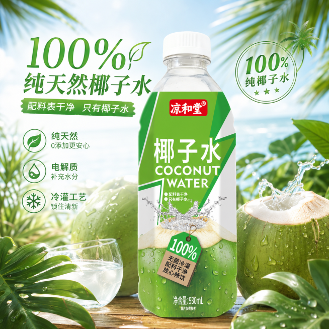 凉和堂椰子水产品，小清新绿植夏日背景，电商主图展示产品，突出纯天然100%椰子水卖点，整体风格清新自然预览效果