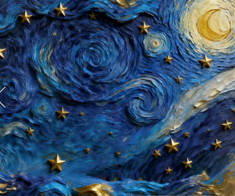 生成和参考图一模一样的图片，深蓝色背景，梵高星月夜风格油画，旋涡状蓝色纹理的星空，点缀许多立体金色星星，整体为蓝金配色，厚涂油画画质，和参考图构图完全一致预览效果