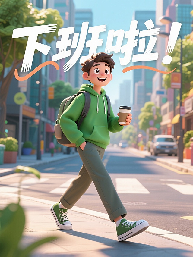 3D，广角照片，年轻互联网设计师穿绿色卫衣、简约休闲西裤，帆布鞋。他背着休闲背包，手里拿着咖啡，走在城市的路上，露出了自信而灿烂的微笑，摆出了充满活力的姿势，以城市为背景，整个画面明快明亮，主体居中向下，有一种空间延伸感，同时结合广告布局和文字（大字：下班啦！）设计， 有创意的手绘字,文字排版艺术,文字线条圆滑,重点笔画延长,动感活力现代风格视觉冲击力辨识度高突出户外运动、探索自然的主题，OC渲染