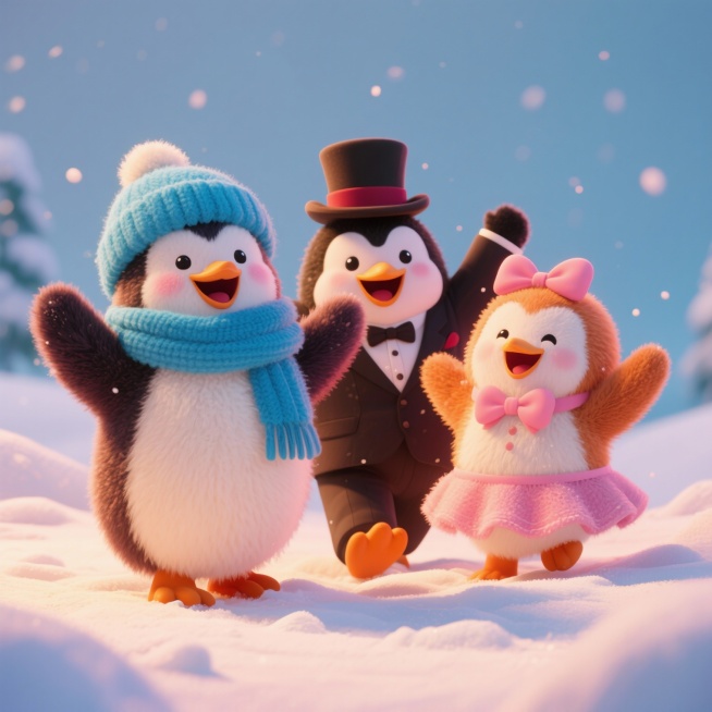 画面中心3只企鹅，表情可爱欢乐，一只戴着蓝色毛线帽子和围巾，一只戴着绅士礼帽穿着西服，一只戴着粉色蝴蝶结穿着小裙子，背景是雪景，3只企鹅欢呼雀跃，表情夸张预览效果