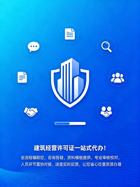 文案：建筑经营许可证一站式代办！ 全流程辅助您， 咨询答疑， 资料模板提供， 专业审核校对， 人员配置协调， 全环节专人对接， 进度实时反馈， 让您省心搞定资质办理。生成3：4比例的图片预览效果