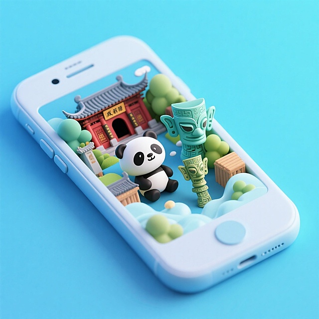 一个手机创意微缩场景，手机平放，侧面对着观众，手机俯视角度，立体的成都景观从屏幕内出来，有熊猫，三星堆，武侯祠，整体色调立体魔幻。青色背景。具有梦幻感,打光营造出柔和氛围强调梦幻和未来感的美学。