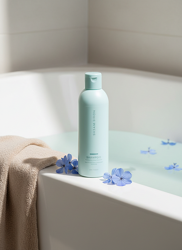 制作这瓶沐浴露的电商主图，把它放在治愈的浴室场景中，旁边有浴缸、浴巾、蓝色花朵，浴缸上飘着浅蓝色花朵