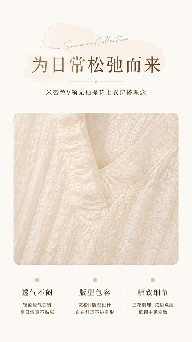 [第2屏] 设计理念页-米杏色V领无袖提花上衣夏日穿搭理念。本屏使用【图1】截取上衣局部作为素材。
[标题版式] 居中轻设计标题，手写英文点缀，浅色块承托。
[氛围/风格] 简约清新风，柔和低饱和质感。
[元素布局] 上半区大标题，中间放上衣面料特写图，下半区三段关键词说明；面料纹理保留原图提花肌理和米杏色。
[光影质感] 均匀柔光，整体干净明亮，纹理细节清晰。
[配色色系] 全局底色 #F9F6F0；主色米杏；辅助色浅棕文字。
[视角构图] 居中对称构图，阅读从上到下流畅自然。
[文字版式] 主标题「为日常松弛而来」，下方三个关键词卖点「透气不闷 / 版型包容 / 精致细节」，每个关键词配浅小圆点装饰；文字清晰不拥挤。
[比例分辨率] 9:16竖版，4K分辨率，文字清晰可辨，高清画质。
[负向提示词] 面料纹理变形，颜色偏差，文字错乱，文字过小，水印，杂乱背景