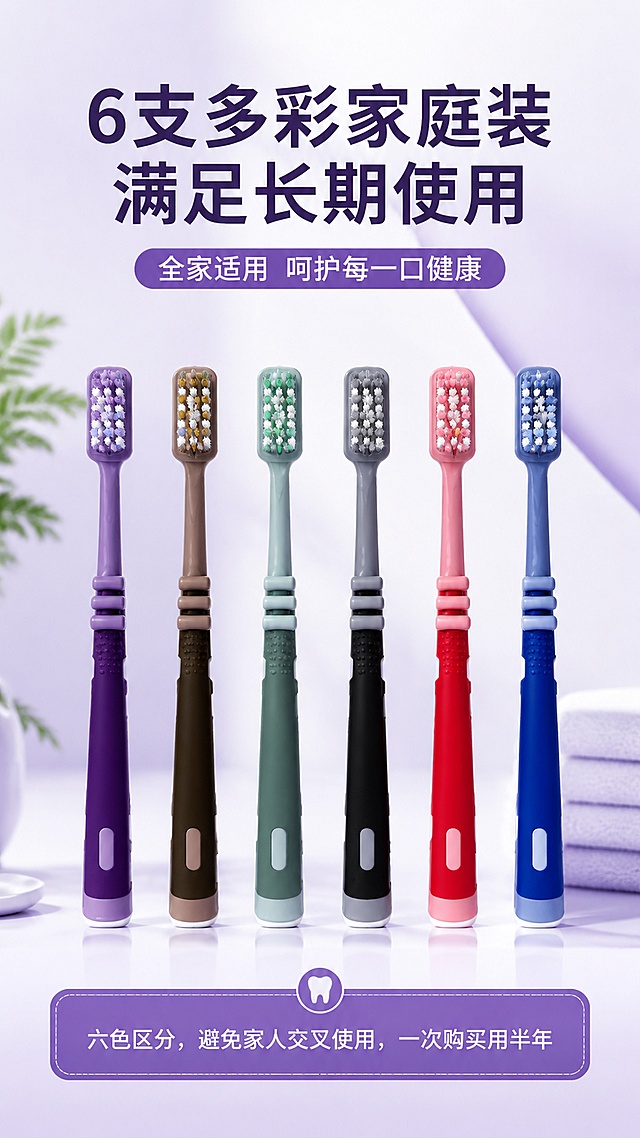 [第6屏] 详情页产品展示页，呈现6支多彩家庭装全家福。本屏使用【图1】的全套牙刷产品作为主体。
[氛围/风格] 清新展示风格，浅色系干净背景，突出多彩设计，家庭温馨感。
[元素布局] 全套6支不同颜色牙刷整齐排列展示，占比约70%，清晰展示六色区分设计，保留每支牙刷的颜色和结构与原图完全一致；文字信息在上下区域。
[光影质感] 均匀柔光，每支牙刷色彩还原准确，手柄纹理清晰，整体明亮干净。
[配色色系] 全局底色 #f8f5fc；主色浅紫渐变；辅助色深紫标题，白色文字块。
[视角构图] 中心矩阵排列，平视视角，全套产品完整展示，视觉均衡。
[文字版式] 顶部主标题「6支多彩家庭装 满足长期使用」；底部副标题「六色区分，避免家人交叉使用，一次购买用半年」；文字排版宽松，清晰易读，不遮挡牙刷产品。
[比例分辨率] 9:16 竖版比例，4K分辨率，文字清晰可辨，高清画质。
[负向提示词] 缺色少支，颜色偏差，产品变形，文字错乱，背景杂乱