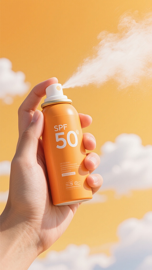 一只手握着一瓶防晒霜喷雾，喷雾正从瓶口喷出，形成白色的雾状。整体画面采用温暖的橙色和黄色作为主色调，背景是明亮的橙黄色天空，点缀着少量白色云朵。防晒霜瓶身主体为柔和的暖橙色，瓶身上有白色的“SPF 50”字样和相关标识，喷雾的白色与瓶身及背景的暖色调形成鲜明对比，营造出温暖、活力的夏日氛围。光线明亮柔和，从斜上方照射，在手和瓶身上形成淡淡的阴影，增强立体感。
