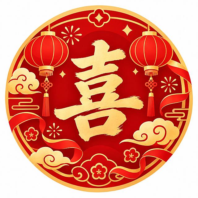 商城节日小图标设计，红色喜庆风格，画面中央是醒目的"喜"字书法字体，周围装饰有传统灯笼、祥云纹样、彩带等节日元素，圆形图标造型，中国传统节日风格，红金配色，扁平化矢量插画风格，简洁大方，适合电商平台使用
