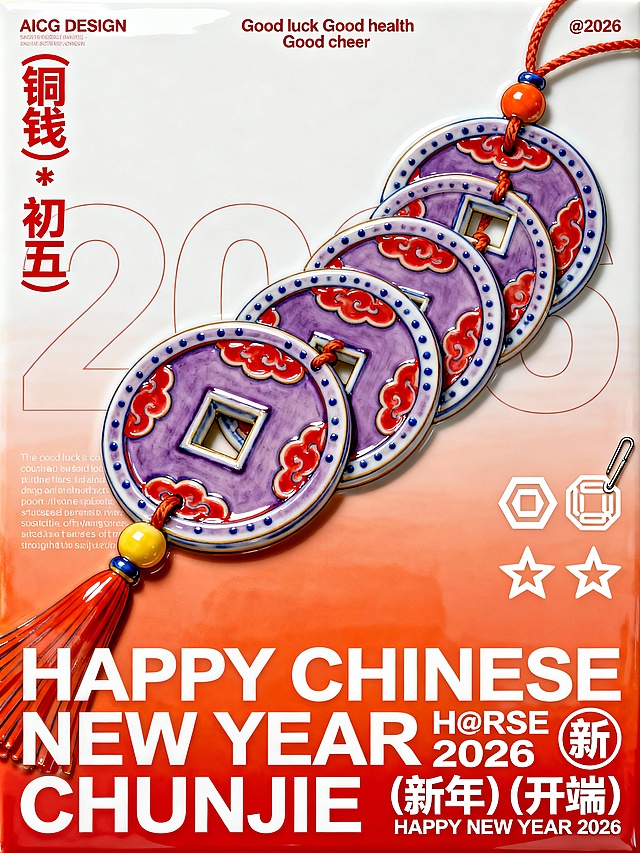画面中央的主体是一串方孔铜钱角色（主体为紫色，每枚铜钱的边缘印有红色的祥云纹理，铜钱串的连接处用橘色和黄色的小圆珠装饰，边缘有一圈蓝色的点状线条点缀）。画面右侧点缀着一些图形元素，包括一个白色的六角形符号、一个像回纹针一样的环形图标以及两个并排的四角星符号。画面底部占据近三分之一高度的是巨大的白色加粗无衬线英文字体，分为三行排列，分别是 “HAPPY CHINESE NEW YEAR”、“H@RSE 2026” 以及 “CHUNJIE”。画面左上角垂直排列着红色的汉字文案 “(铜钱) * (初五)”。画面右下角有横向排列的白色文字 “(新年) 新 (开端)”，其中中间的 “新” 字被一个圆圈包围，右侧还带有 “HAPPY NEW YEAR 2026” 的小字。画面顶部有三列精细的英文排版，包含 “AICG DESIGN”、“Good luck Good health Good cheer”、“@2026” 等细节文字。画面中部左侧有一段长篇的英文介绍，背景中还隐约衬托着巨大的、仅有轮廓线的数字 “2026”。背景是一个从顶部的白色向底部的橙红色平滑过渡的竖向渐变色块。整体构图呈现出一种极简且富有高级感的节日海报布局。