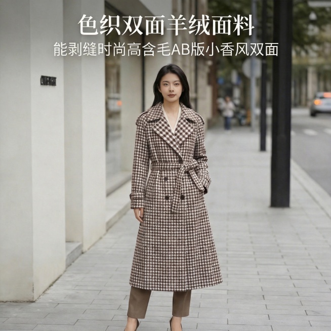 将图中大衣的毛领替换为和衣身一致的格子面料，保持整体画面风格不变预览效果