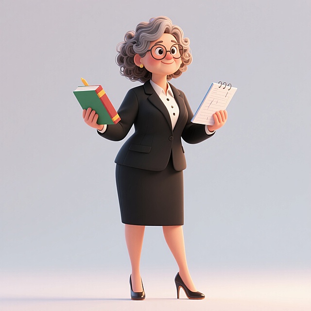 中年女教师卷发、穿着黑色西装 （拿着书、作业，穿高跟鞋），全身，元素完整。干净背景方便抠图#绘师恩 致匠心