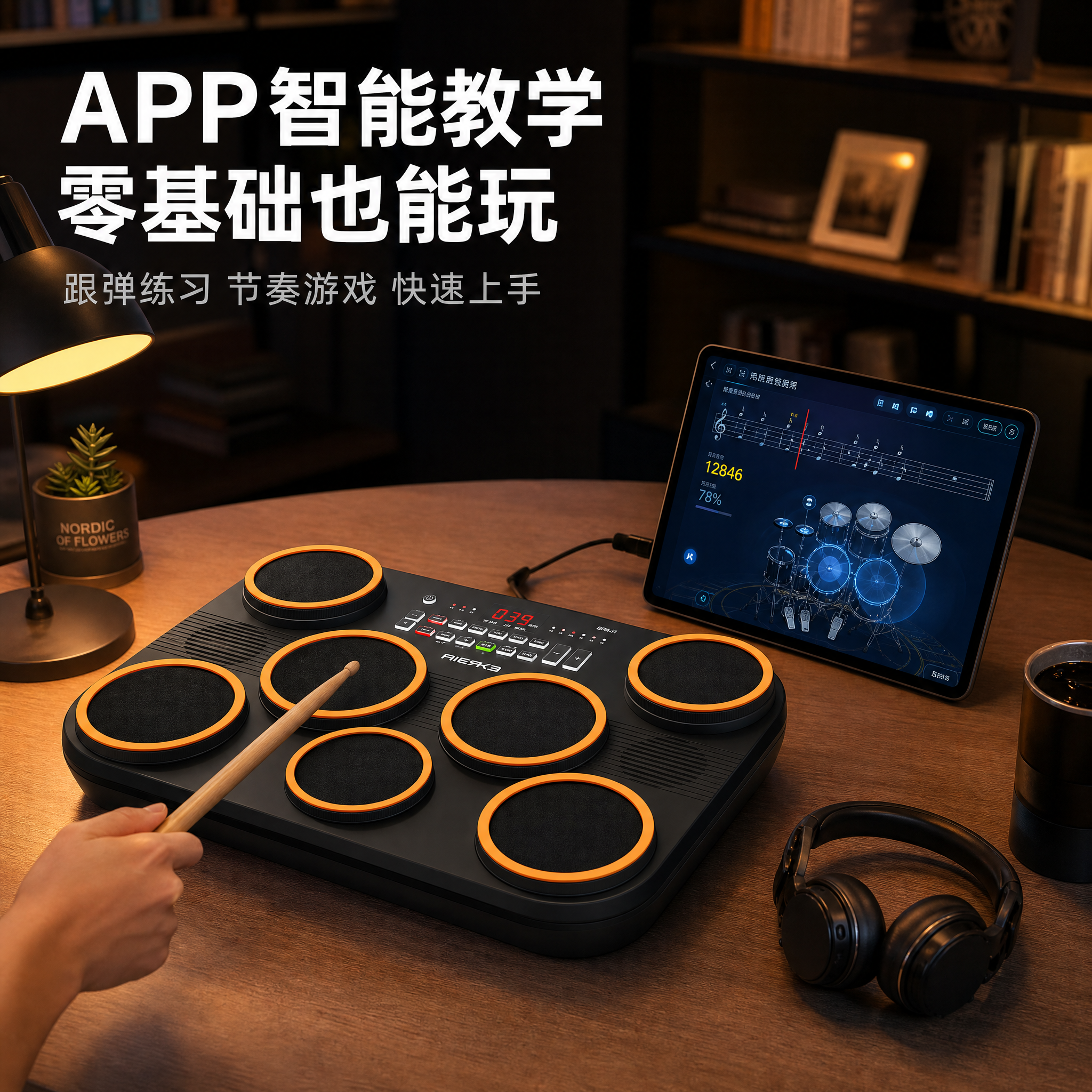 [主图-4] 电子鼓居家桌面使用场景图，APP智能教学场景展示… - 图片创意预览