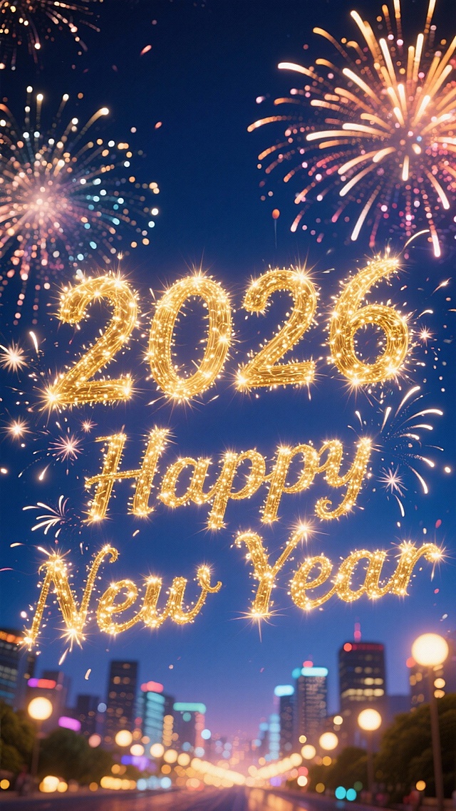 画面中央是金色烟花字“2026”，下方搭配金色烟花英文 “Happy New Year”，背景是深蓝色夜空，布满色彩绚烂的烟花，底部还有城市夜景的灯光光斑