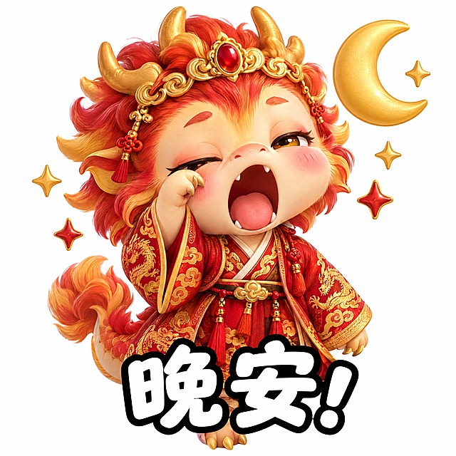 参考图1的表情包风格，Q版可爱的火龙神兽表情包，纯白色背景。红金色鬃毛的小龙，穿红色古风长袍，打哈欠揉眼睛，一副刚睡醒准备读书的样子，旁边有月亮和星星装饰。底部有大大的白色粗体字带黑色描边，写着晚安！3D卡通渲染风格，可爱萌趣，表情生动