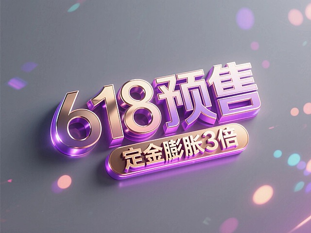 主标题”618预售"，不锈钢材质，边缘镜面倒角产生光刃效果。副标题”定金膨胀3倍"紫金渐变铝材表面，激光雕刻文字凹陷处透出呼吸光效。背景灰色，主标题表面反射霓虹色散光斑