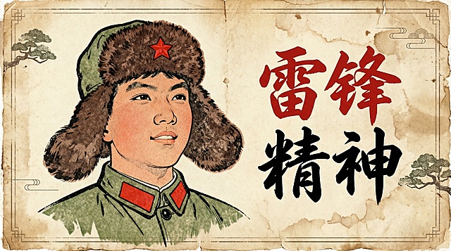 简笔精美插画，工笔画老课本风格横屏海报，沿用参考图的雷锋头像风格，搭配醒目的“雷锋精神”文字，复古做旧纸张底色，排版简洁协调，还原老课本怀旧质感