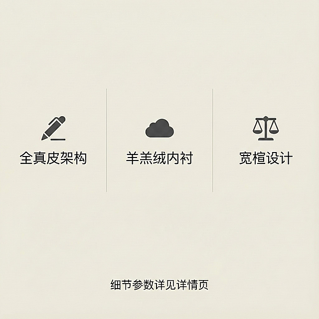简约三栏信息布局（浅底深字）

第一栏图标+文字：“✍️ 全真皮架构”

第二栏图标+文字：“☁️ 羊羔绒内衬”

第三栏图标+文字：“⚖️ 宽楦设计”

底部：“细节参数详见详情页”