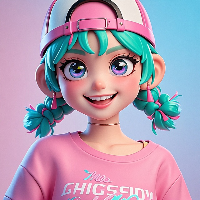 软3D风格的可爱女孩，粉色棒球帽搭配青绿双马尾，大眼睛充满甜美感，霓虹色调渲染出梦幻动漫风，整体设计洋溢青春活力。