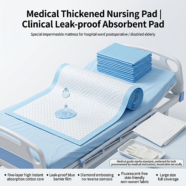 Full English commercial medical device poster, minimalist professional hospital business style, cool white clean low saturation tone, matte advanced texture, no fancy decoration. Scene: hospital single ward hospital bed with light blue medical sheet laid. In the center of the picture, lay out a large medical nursing pad flat, stack a stack of finished blue nursing pads on the pad, place a small white sample nursing pad on the right, and match with white medical tray and disposable latex gloves as auxiliary props in the corner. Main title in large characters at the top center: "Medical Thickened Nursing Pad | Clinical Leak-proof Absorbent Pad", small subtitle: "Special impermeable mattress for hospital ward postoperative / disabled elderly". Selling points in horizontal text at the bottom: "Five-layer high instant absorption cotton core, leak-proof blue barrier film, diamond embossing no reverse osmosis, fluorescent-free skin-friendly non-woven fabric, large size full coverage", additional small text: "Medical grade sterile standard, preferred for bulk procurement by medical institutions, breathable not stuffy". Centered symmetrical layout, product as the visual core, clear text partitioning without blocking the product. Soft shadowless studio soft light shooting, 8K ultra HD, clear diamond embossing texture of the nursing pad, sharp details of blue anti-seepage edging on the edge of the pad, add a real shot detail of a drop of clear water falling on the pad surface and absorbing quickly, pure white light gray clean background, printing grade commercial poster, suitable for hospital bidding procurement publicity