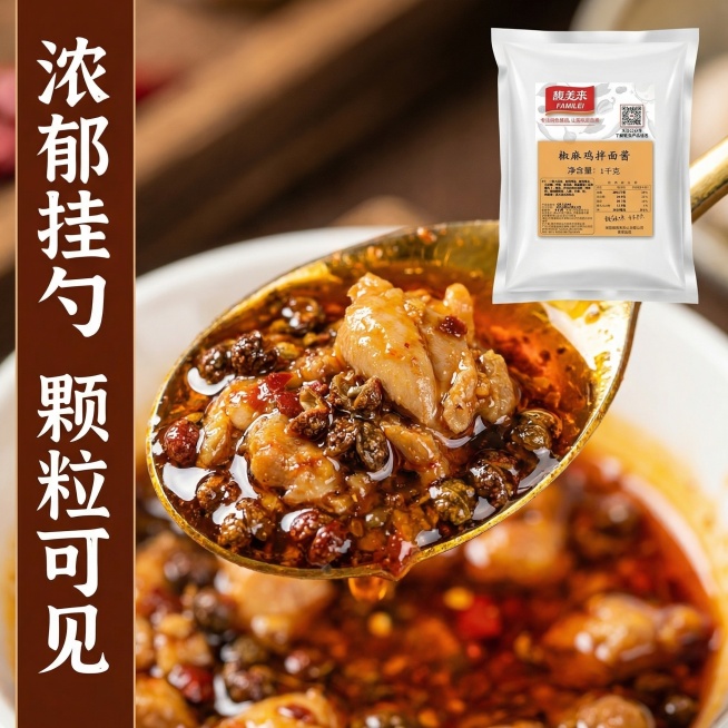 [主图 3] 椒麻鸡拌面酱细节微距展示图
[氛围/风格] 微距特写，高质感食欲风，暖光突出纹理
[画面元素] 镜头聚焦在舀出的一勺椒麻鸡拌面酱，酱料浓郁挂勺，清晰可见花椒颗粒和鸡肉碎粒，油光红润透亮，预览效果