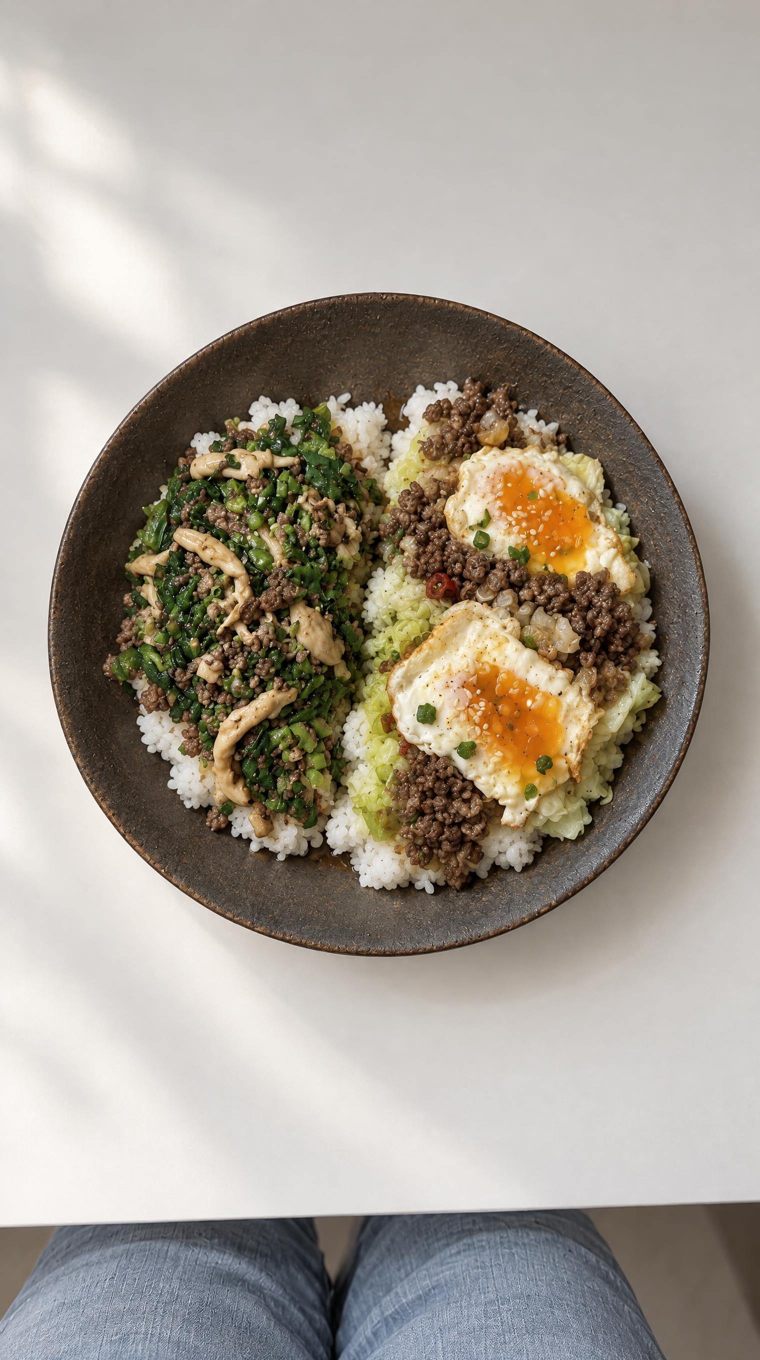 俯视视角，深棕色圆盘里装着牛肉末乌冬面和牛肉末煎蛋饭双拼。背景… - 图片创意预览