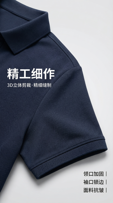 [主图 2] 细节特写与质感：POLO衫面料细节展示；氛围/风格：高端简约，微距摄影质感；画面元素：深蓝色POLO衫局部特写，聚焦领口和袖口细节，展示精致缝线和面料纹理；背景为浅灰色渐变，突出产品质感预览效果