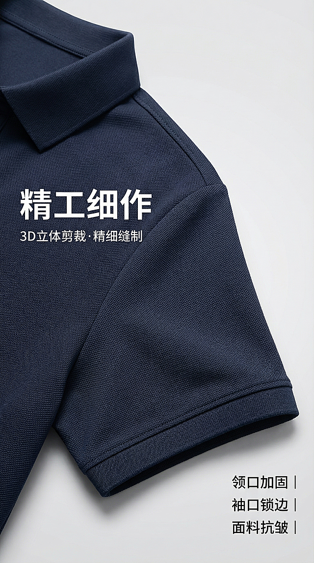 [主图 2] 细节特写与质感：POLO衫面料细节展示；氛围/风格：高端简约，微距摄影质感；画面元素：深蓝色POLO衫局部特写，聚焦领口和袖口细节，展示精致缝线和面料纹理；背景为浅灰色渐变，突出产品质感；光线柔和均匀，强调面料的光泽感；配色色系：主色调深蓝（POLO衫），辅助色：浅灰（背景）、白（高光）；视角构图：微距俯视，产品细节占比80%；文字版式：左侧标题"精工细作"，副标题"3D立体剪裁·精细缝制"，右下角三行亮点"领口加固 | 袖口锁边 | 面料抗皱"，字体为无衬线体，白色；采用左文右图布局，文字悬浮于背景上；比例分辨率：9:16，2K分辨率
