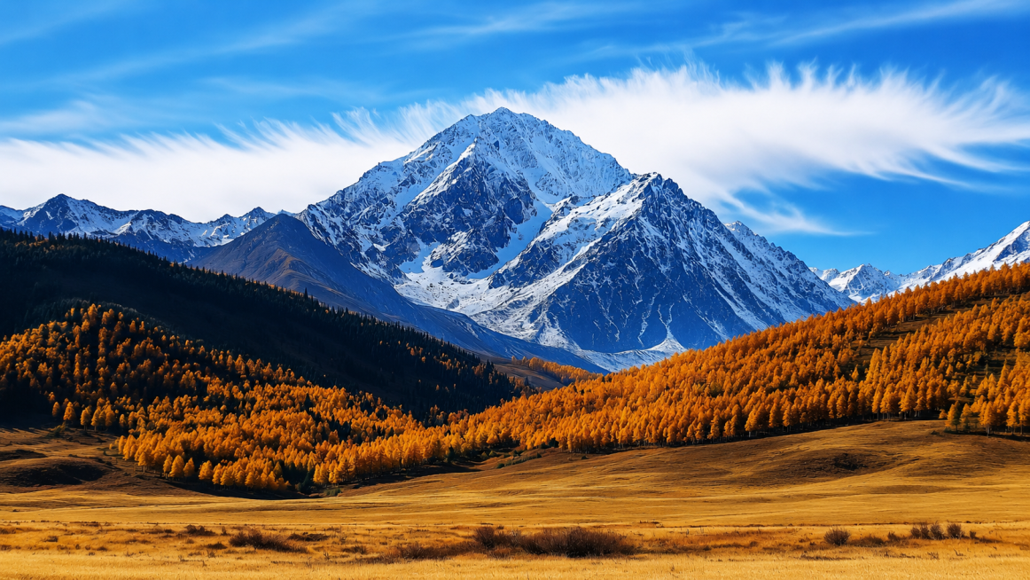 保持原图风格，将竖版雪山森林画面生成为超宽横版全景，扩展左右两侧，保留雪山、黄秋林、蓝天的内容和风格，形成超宽全景构图预览效果