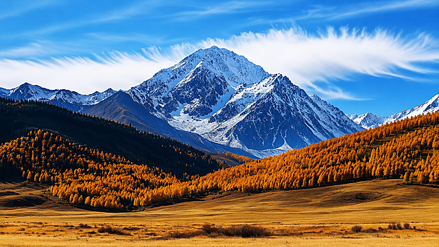 保持原图风格，将竖版雪山森林画面生成为超宽横版全景，扩展左右两侧，保留雪山、黄秋林、蓝天的内容和风格，形成超宽全景构图