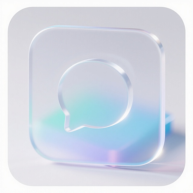 聊天图标，轻拟物风格，采用圆形或圆角矩形基底，背景为透明渐变毛玻璃效果，整体呈现轻盈、透气、折射的视觉体验，浅色背景有折射效果
