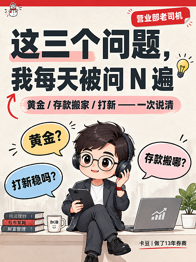 小红书笔记大字封面，插图大字，杂志海报职场干货风，版式精美，小红书笔记封面质感，适合信息流点击。主标题必须完整呈现且为画面视觉中心，逐字锁定：「这三个问题，我每天被问 N 遍」。主标题字号占画面约 55% 视觉权重，清晰可读，不得增删改字。副标题：「黄金 / 存款搬家 / 打新 —— 一次说清」。装饰短句/角标：「营业部老司机」「卡豆｜做了13年券商」。背景：米白色轻肌理纯色底，顶部一条红色细顶栏。标题排版：扁平超粗黑体/sans，深灰近黑色主标题，关键词可加浅红色块底高亮，采用插图大字 L02 人物+文本框策略，人物不抢主标题。插画：画面中下部放置 Q 版商务男孩卡豆形象（戴圆框眼镜、深灰西装白T恤、红色腕表、黑色皮鞋），卡豆被三个对话气泡包围，气泡内分别写「黄金？」「存款搬哪？」「打新稳吗？」，卡豆头戴耳机听资讯姿态，整体扁平插画风格。装饰：右上角红色圆角标签贴纸写「营业部老司机」，左上角红顶栏旁有小雪人☃小图标；左下角 1 个手绘弯曲箭头指向主标题；emoji 贴纸 1 个（💡）置于主标题行尾外侧，不与主标题逐字混排，禁止底部横排多个。整体氛围：职场干货、券商答疑、亲切专业、活人分享感。画质：高清细腻，信息层级清晰，主标题与背景强对比（浅底深字），文字完整处于安全区内不可裁切，四周留安全边距。画面比例 3:4，4K。