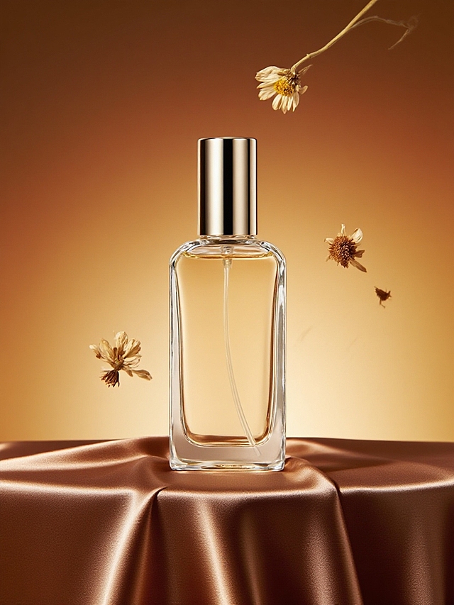 鎏金风与玻璃风交融，金属瓶盖折射柔和光影，干花飘浮于琥珀色背景，营造奢华优雅的唯美感，重拟物手法强化质感与实景感。