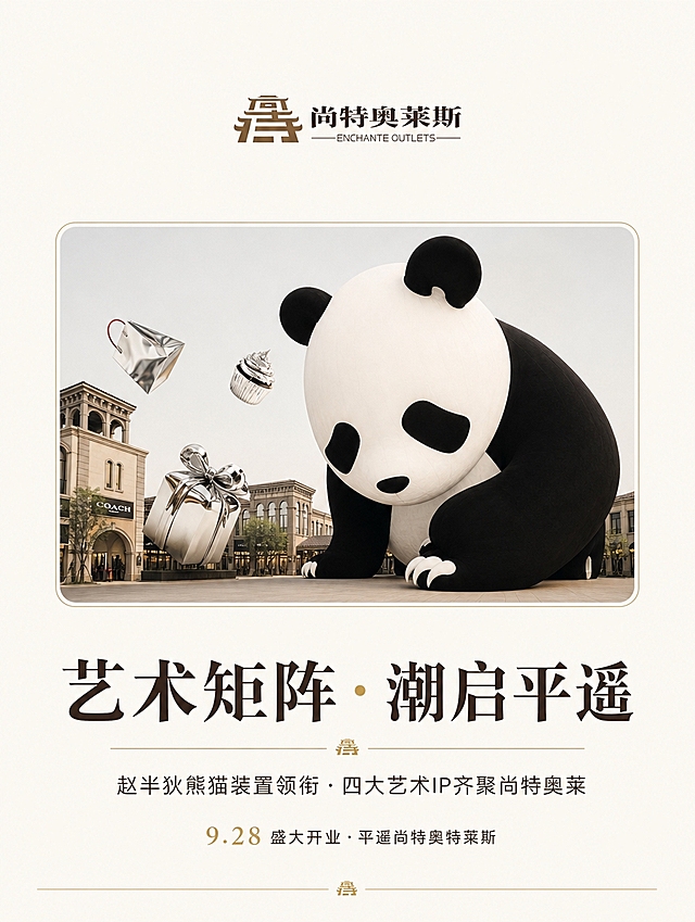 [商品] 使用【图6】巨型充气熊猫装置全景图作为主视觉素材；保留熊猫黑白配色、巨型体量感。使用【图1】尚特奥莱Logo，保留棕色古城建筑造型和中英文品牌名。
[画面] 公众号推文封面头图，竖版长图，统一米白色背景。顶部居中放置品牌Logo，中部为巨型熊猫装置横版大图（带精致细边框），底部为标题文字区。上下大量留白。页面底部用一根细金色装饰线收尾。
[视觉] 套系策略：风格=精致杂志风高级感排版，统一米白底色连贯系列；标题字=高端衬线粗体+现代无衬线组合；正文字=纤细优雅无衬线体；主色=浅米白底色（#FAF7F2）+ 深棕文字（#3D2B1F）；背景延展=统一纯净米白纸感底色，每页完全一致，确保拼接无割裂；强调色=金色（#C9A96E），仅用于细装饰线、小标签和重点文字点缀；标题色=深棕近黑；正文色=中灰棕；组件=统一细金线分隔、统一圆角浅底信息卡、统一页边距、大量留白；光影=柔和自然光，暖调氛围。
[文字] 顶部居中Logo；图片下方主标题大字「艺术矩阵 · 潮启平遥」；副标题「赵半狄熊猫装置领衔 · 四大艺术IP齐聚尚特奥莱」；底部小字「9.28 盛大开业 · 平遥尚特奥特莱斯」。页面最底部一根细金色横线。文字全部横排，居中对齐。
[规格] 图片比例3:4竖版，宽度1080px，4K分辨率，统一米白背景，避免底色不均、割裂感、土气、花哨、文字竖排、蚂蚁字。