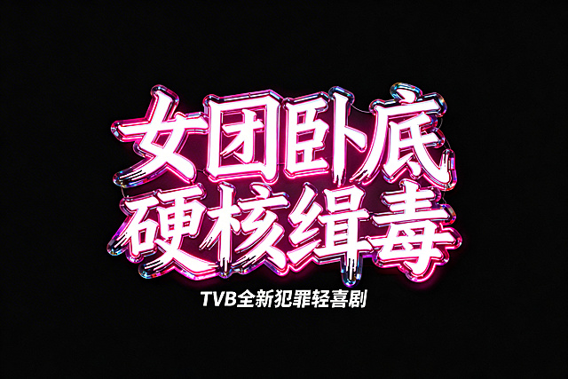 标题字体设计，文字"女团卧底 硬核缉毒"，手写体"TVB全新犯罪轻喜剧"，极具个性和街头感的涂鸦字体，充满力度与不规则感流动的、跳跃的效果，白色字体，纯黑色背景，赛博朋克风格的玻璃质感发光，荧光粉色调，灯箱效果，所有图案都带有玻璃霓虹质感，契合电视剧视觉氛围，呈现出简洁有力的主题文字设计。