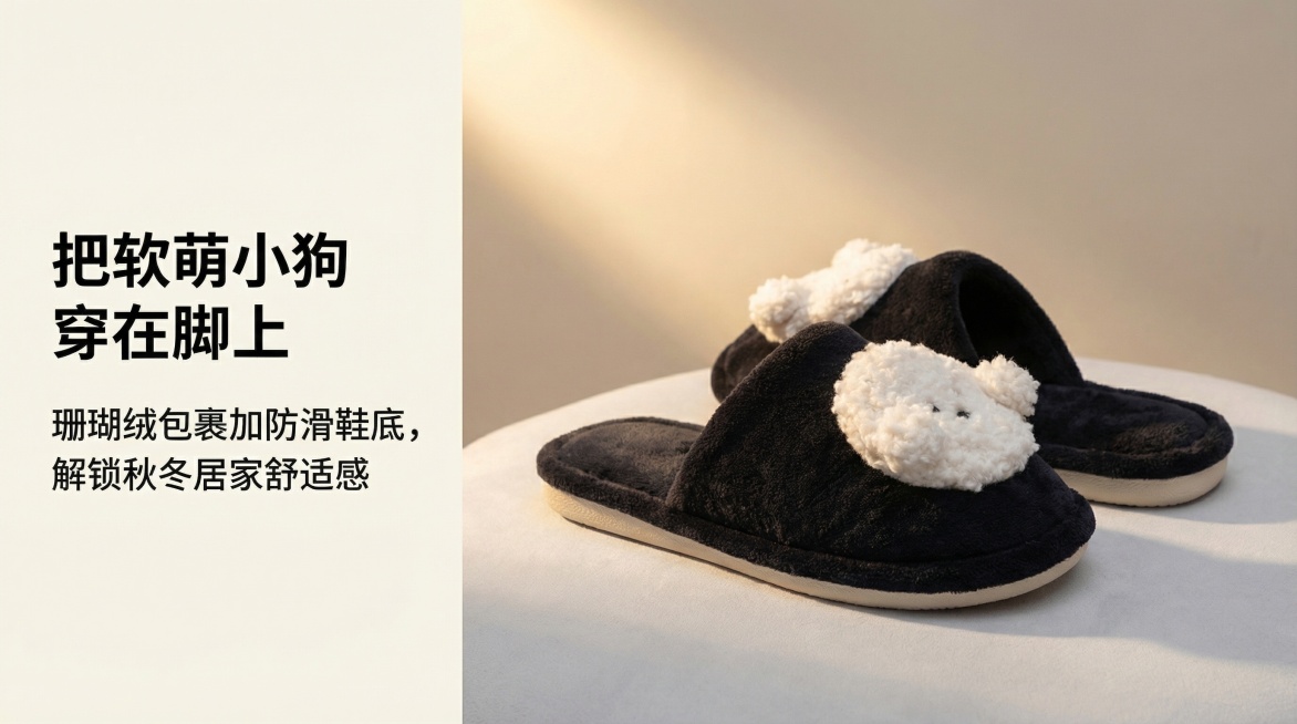 电商Banner主图，米白+奶黑为主色调，暖棕+浅灰为辅助色。左侧30%区域放置文字，左对齐，主文案「把软萌小狗穿在脚上」字号28px，副文案「珊瑚绒包裹加防滑鞋底，解锁秋冬居家舒适感」字号18px，预览效果