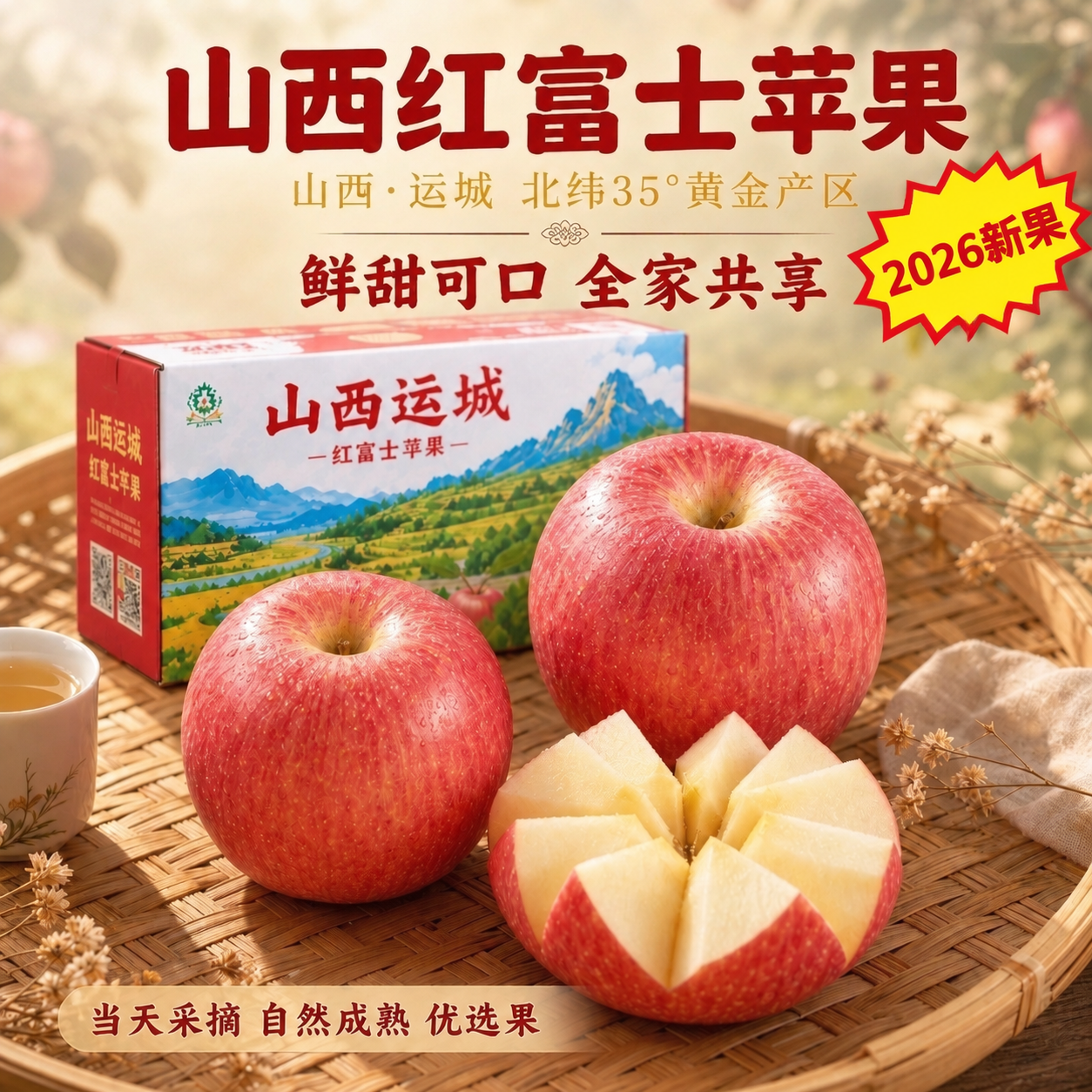 严格保持原图构图、光影、苹果、包装箱、竹篮、布料以及所有原有中… - 图片创意预览
